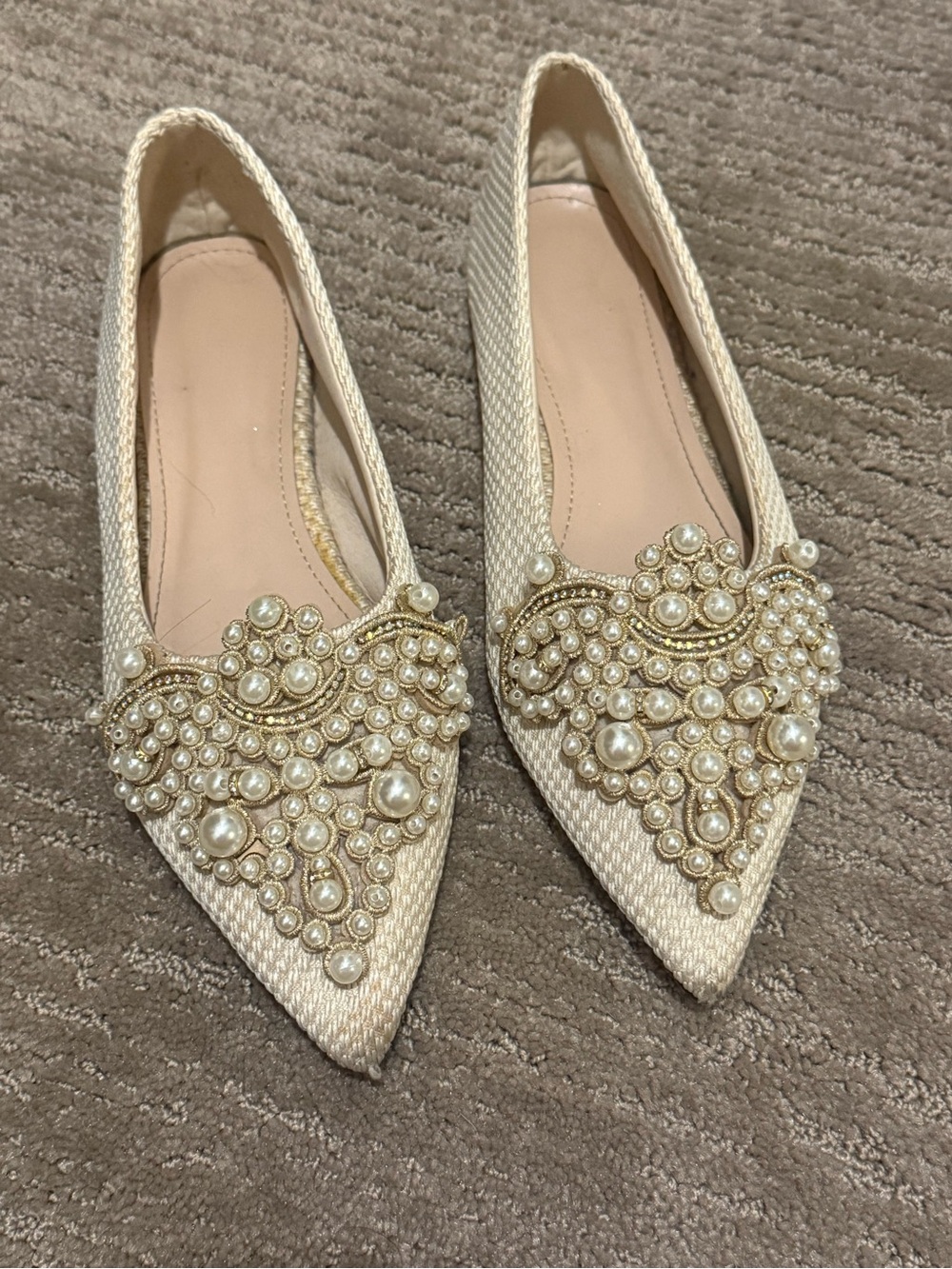 Pearl-Embellished Pointed Toe Flats - Cream